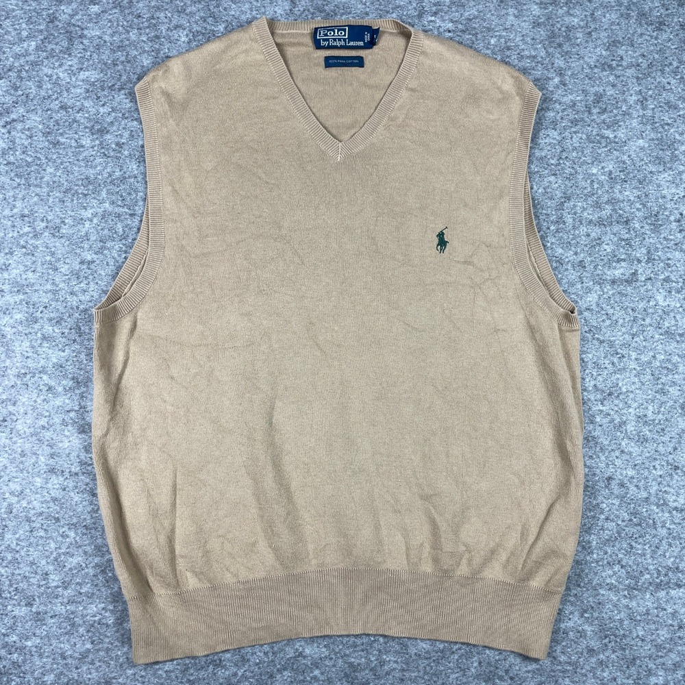 VTG Polo Ralph Lauren Sweater Vest Mens L Tan Pima V-Neck Classic Preppy 90s